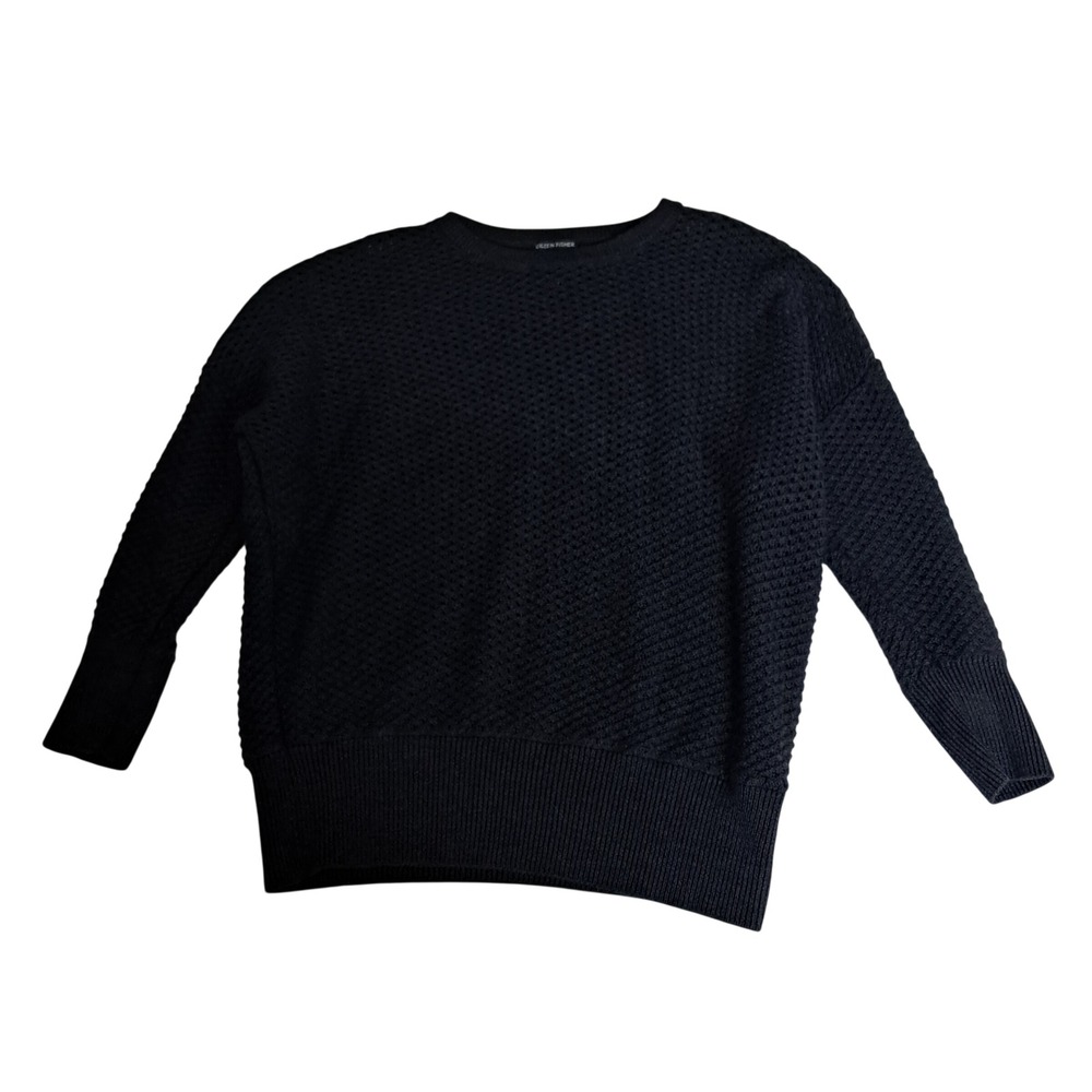 Eileen Fisher Merino Crew Neck Wool Sweater Womens XL Charcoal Gray Open Knit